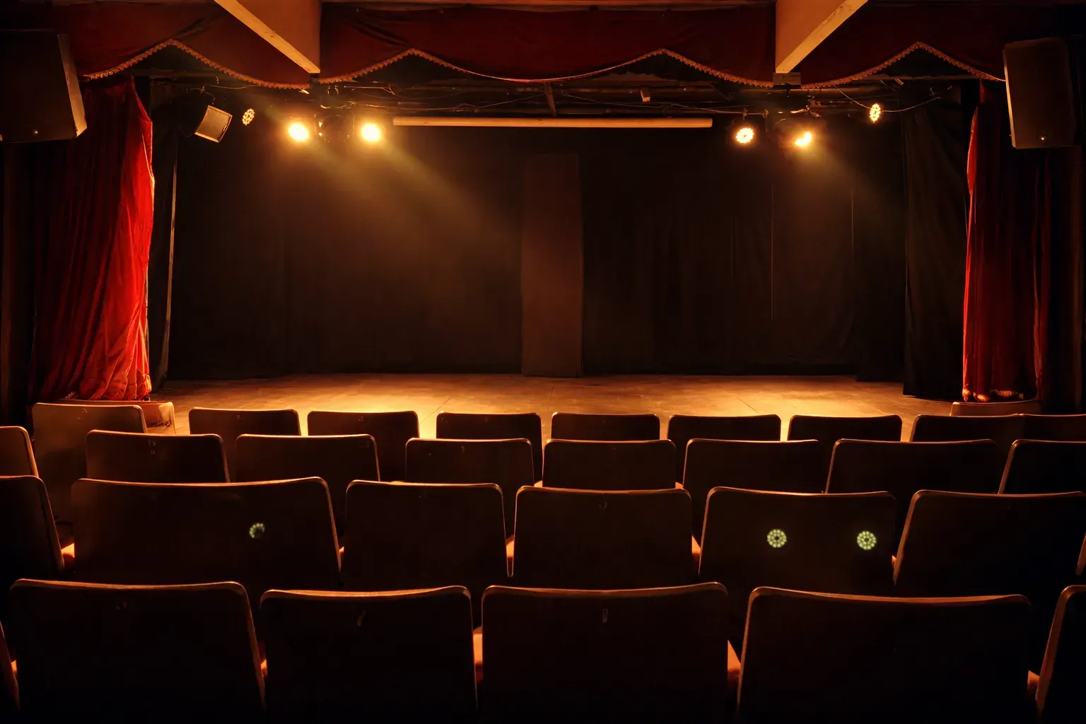 Butacas del foro Aula Magna frente al escenario iluminado con telón rojo