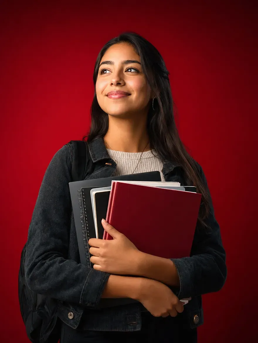 Estudiante universitaria sonríe con sus carpetas (imagen ilustrativa)