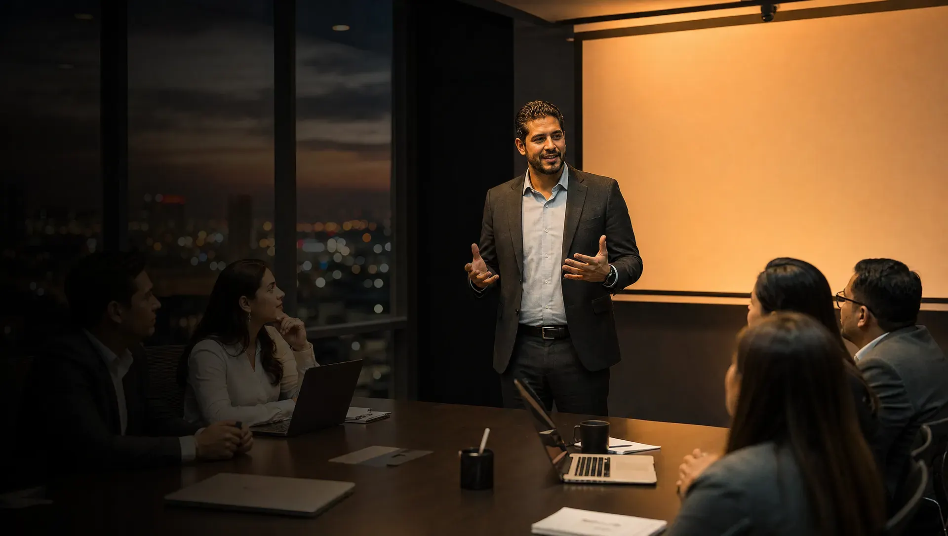 Facilitador dirige un taller ejecutivo en una sala de juntas al anochecer (imagen ilustrativa)