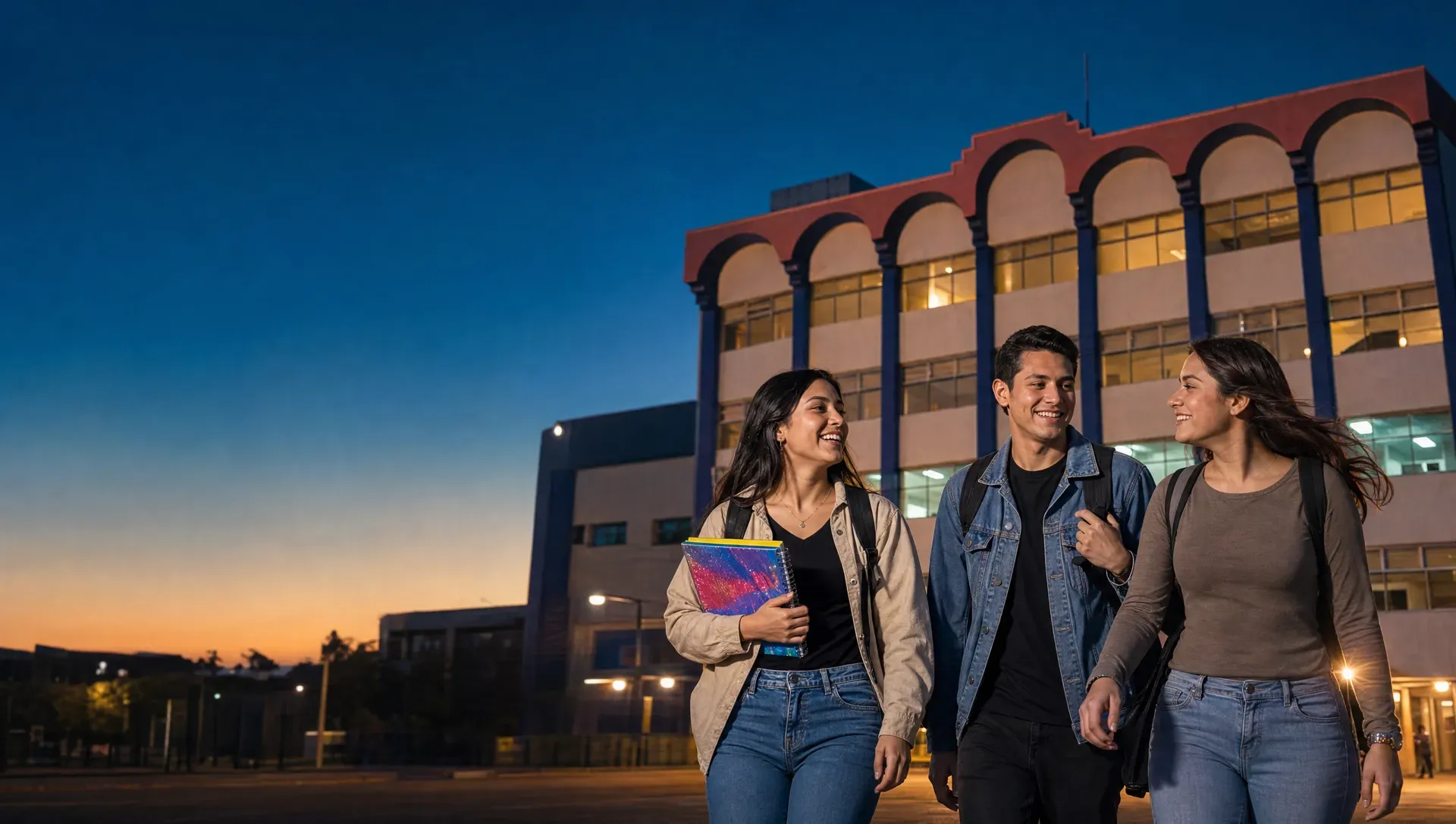 Estudiantes conversan animados en el campus de CADE al anochecer (imagen ilustrativa)