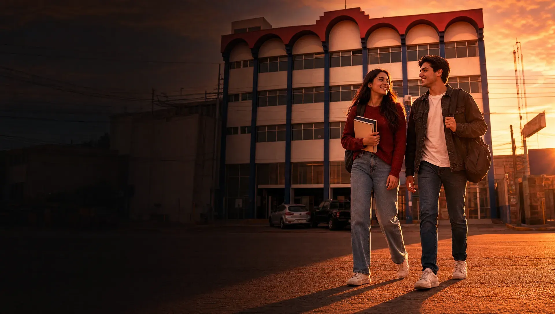 Dos estudiantes universitarios caminan con determinación frente a CADE al atardecer (imagen ilustrativa)