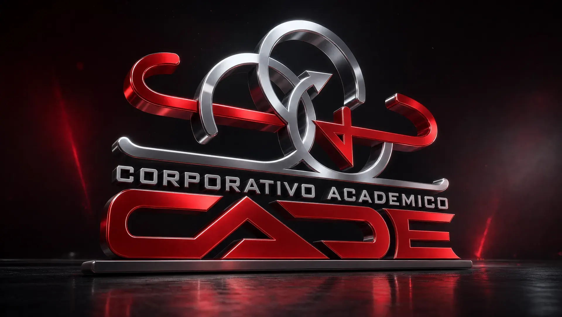 Render tridimensional del logotipo de Corporativo Académico CADE sobre fondo oscuro (ilustración)