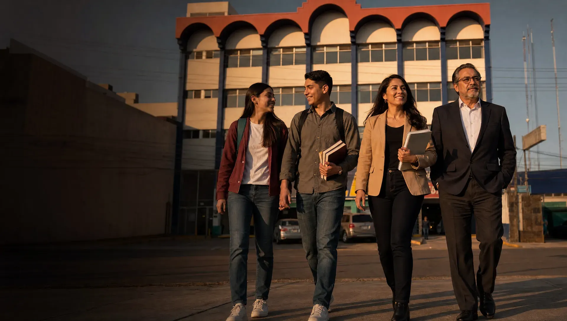 Estudiantes de preparatoria a doctorado caminan frente al edificio de CADE (imagen ilustrativa)