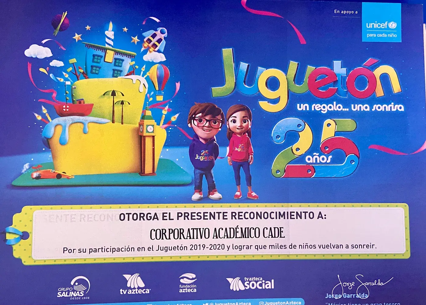 Reconocimiento por los 25 años del Juguetón Azteca